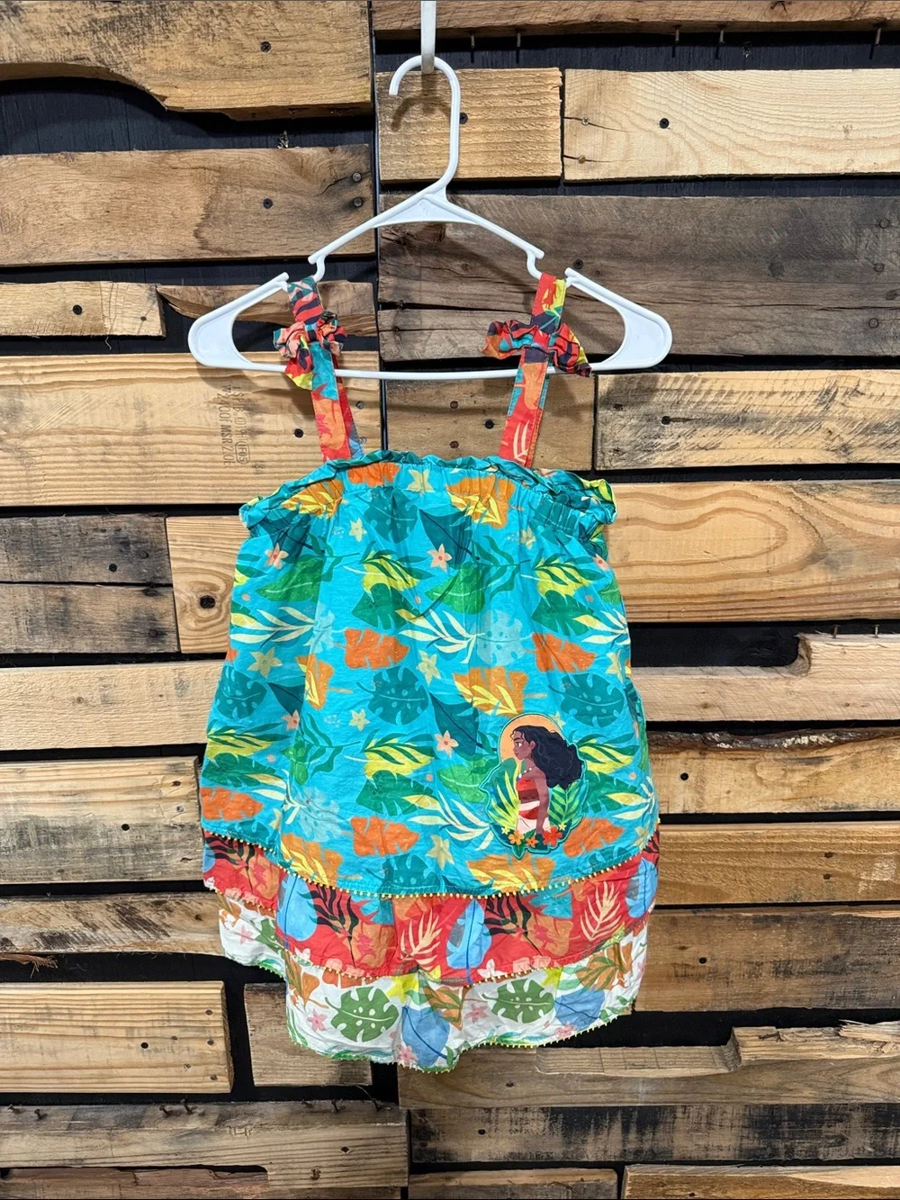 Disney Moana Girls Dress Size 7/8 Cotton Tropical Sleeveless Ruffle Tiered